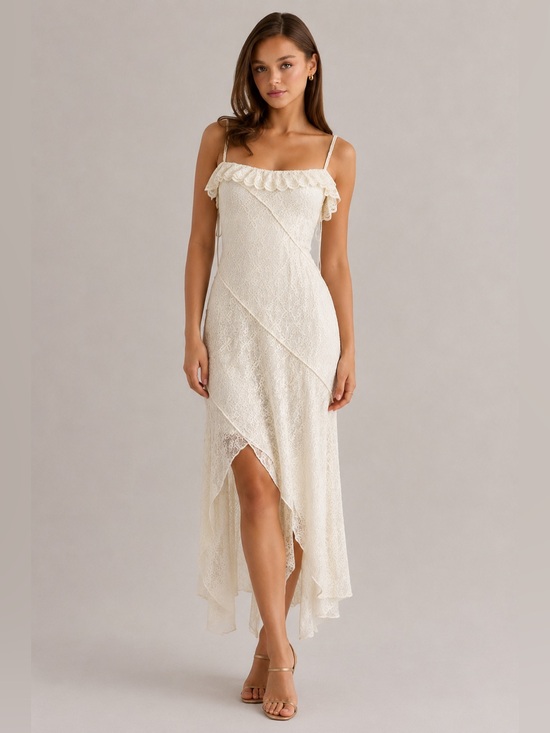 KIRIOUS LOS ANGELES Dresses & Skirts - Cream Lace High-Low Slip Dress with Ruffle Detail